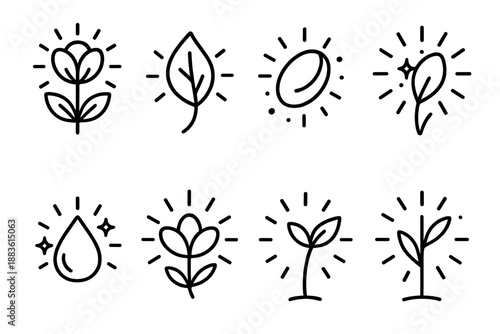 Radiant Botanical Icons. Botanical Radiance set in outline vector style: blooming flower glow, sunlit leaf, radiant seed, dew sparkle, petal flare, sprout shine, luminous stem, garden light