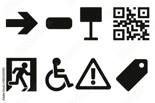 Brutalist Icon Collection. Gallery Light Signage & Info icon set in silhouette bold style. Contain directional arrow, room plaque, info stand, QR code tile,