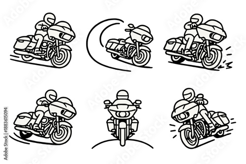 Cycle Drift Icons. Cycle Drift Road Glide set in outline vector style : smooth wheel streak, drifting route curve, speed arc, turning line, glide dot, motion spark