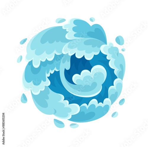 Water whirpool of sea ocean waves in circle shape. Abstract cartoon symbol design element. Pure water twisted with drops. Vector Illustration Isolated.