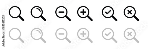 Magnifying glass icons zoom in out check mark and cross isolated on transparent background