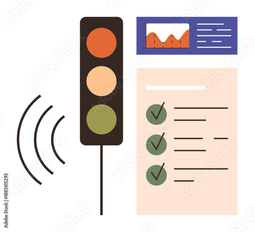 Smart traffic systems, productivity tools, urban planning, task management, automation, workflow optimization. Traffic light, sound waves a checklist with checkmarks and a graph. Smart traffic