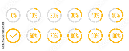 Yellow Circular Progress Bar Indicators With Percentage Values isolated on transparent background