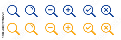 Blue and orange magnifying glass icons for zoom and search isolated on transparent background