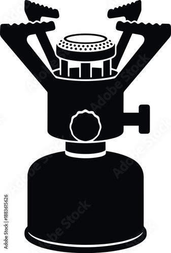 Minimal vector silhouette, vintage pocket lantern-style camping stove with small fuel canister and fold-out pot supports, solid black, isolated on white.