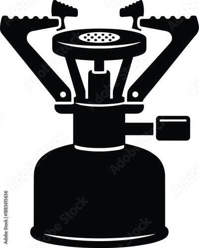 Minimal vector silhouette, vintage pocket lantern-style camping stove with small fuel canister and fold-out pot supports, solid black, isolated on white.