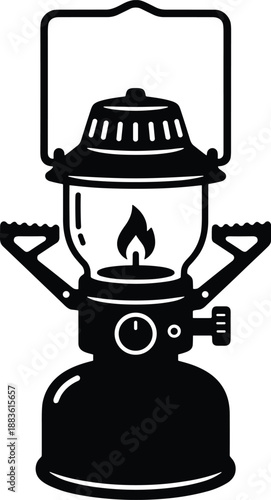 Minimal vector silhouette, vintage pocket lantern-style camping stove with small fuel canister and fold-out pot supports, solid black, isolated on white.