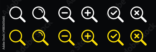 White and yellow magnifying glass icons with zoom in out check isolated on Black Background