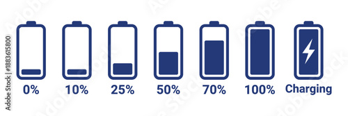 Battery Charge Level Indicators With Percentages isolated on transparent background