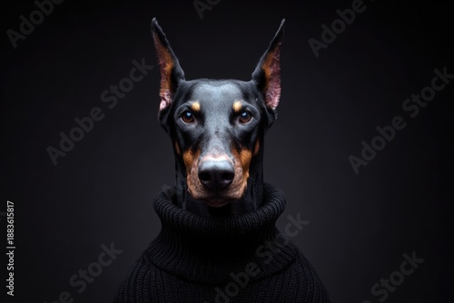 Elegant doberman dog portrait wearing black sweater on dark background