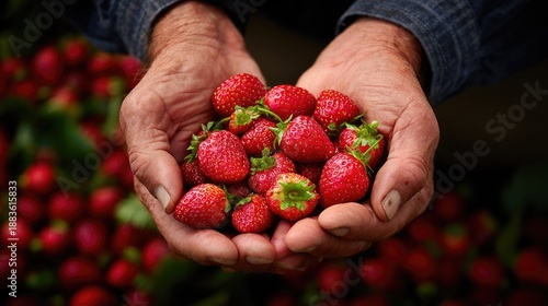 Farmer hands holding fresh ripe strawberries, organic harvest concept