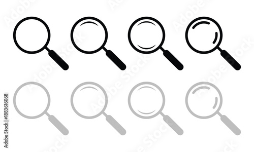 Black and gray magnifying glass icons on white background isolated on transparent background