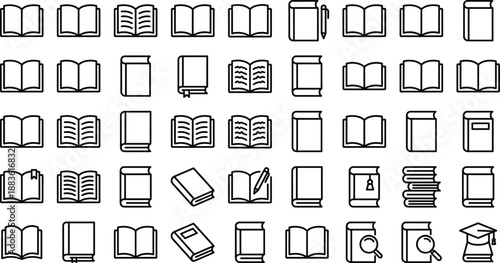 A diverse collection of minimalist book line icons for education and reading.