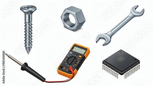 Collection of tools and hardware elements on a table