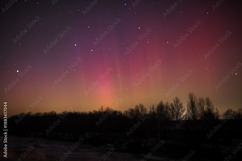Fototapeta premium Aurora borealis in the night in Poland. Night sky with stars, clouds and Aurora Borealis.