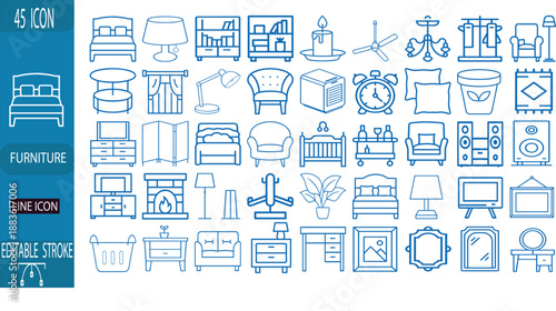 Home furniture line icon featuring blue house interior, kitchen appliance, bathroom fixture, office chair, living room decor, and more 50 vector set illustration with editable stroke.