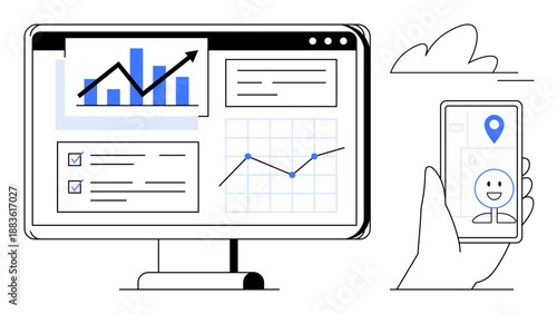 Business strategy, technology integration, data analysis, mobile connectivity, statistics, communication tools. Graphs on a screen and smartphone. Business strategy and technology integration