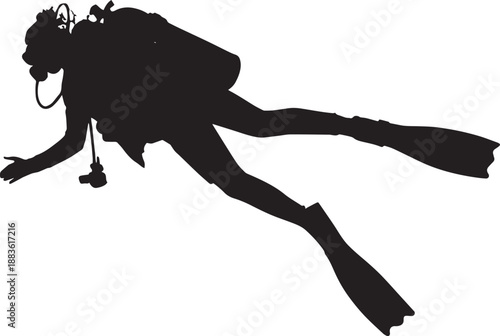 Scuba Diver Silhouette in Dynamic Pose with Deep Black Color on White Background for Adventure Illustration