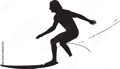 Surfer Silhouette in Dynamic Pose with Dramatic Shadows on White Background for Sports Illustration