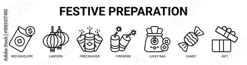 Festive Preparation web banner icon vector illustration concept with icon of red envelope, lantern, firecracker, firework, lucky bag, candy, and gift.