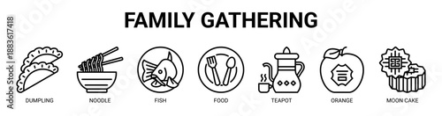 Family Gathering web banner icon vector illustration concept with icon of dumpling, noodle, fish, food, teapot, orange, and moon cake.