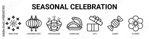 Seasonal Celebration web banner icon vector illustration concept with icon of new year, lantern light, firecracker, dumpling, gift, candy, and flower.