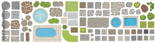 Top Down Flat Vector Landscape Elements Set Featuring Paving, Fountain, and Swimming Pool Symbols