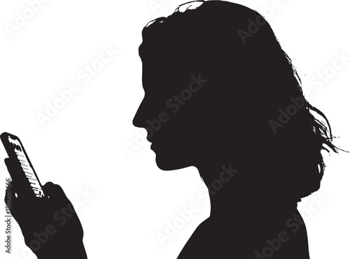 Woman Silhouette Using Smartphone in Profile View with Soft Lighting on White Background for Mobile Advertising