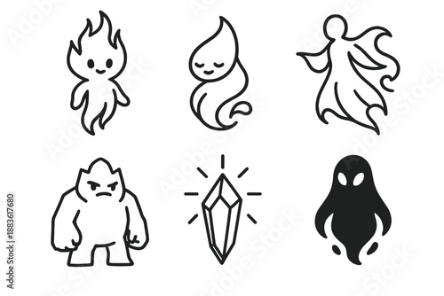 Elemental Icons Line Art. Celestial Beings elemental set in outline vector style: fire spirit, water wisp, air silhouette, earth guardian, light shard, shadow glow