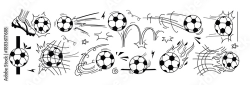 Vector soccer ball doodle illustration with kick spin motion, hit and bounce line effects. Hand drawn football icons with flying movement, fire and goal net. Jump trajectory of burning sport equipment