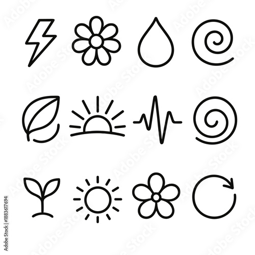 Renewal Icon Set. Renewal Themes set in outline vector style: revitalizing spark, bright petal, calming water droplet, fresh-air swirl, reborn leaf, early sun