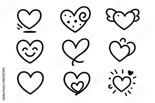 Playful Heart Icons. Playful Heart Icons set in outline vector style : bouncing heart, doodle heart swirl, polka-dot heart, heart with tiny wings, giggling