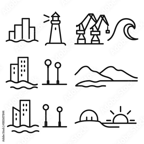 Coastal Skyline Icons. Coastal Skyline Forms set in outline vector style: shoreline city line, lighthouse silhouette, harbor cranes, wave curve, waterfront