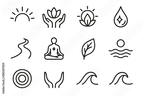 Spiritual Icons Collection. Spiritual Growth set in outline vector style: rising light arc, open hands, blooming lotus, gentle radiance ring, reflective droplet