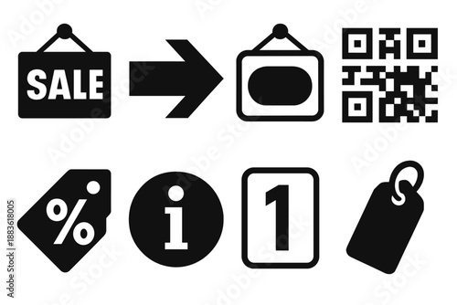 Bold Icon Set. Storelight Signage & Info icon set in silhouette bold style. Contain sale sign, directional arrow, store logo panel, QR code tile, discount tag,