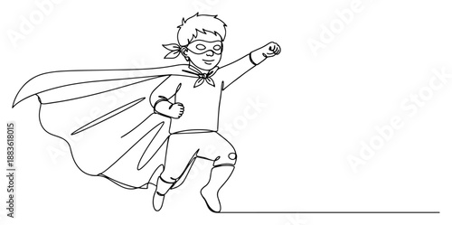 Superhero kid boy running. Continuous one line drawing of child wearing cape and mask. Vector character illustration.