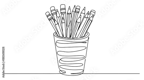 Pencils in holder cup. Continuous one line drawing of office or school stationery organizer. Vector supplies illustration.
