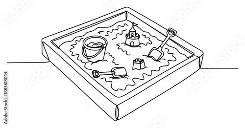 Sandbox with sand toys. Continuous one line drawing of wooden playground box with bucket, shovel and castle. Vector kids summer fun illustration.