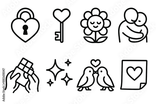 Valentine's Icons Collection. Valentine’s Day Affection Motifs set in outline vector style: heart lock, key of love, blushing flower, warm hug silhouette,