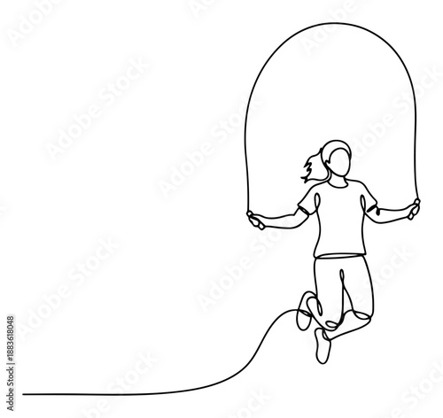 Girl jumping rope. Continuous one line drawing of child playing with skipping rope. Vector active kids illustration.