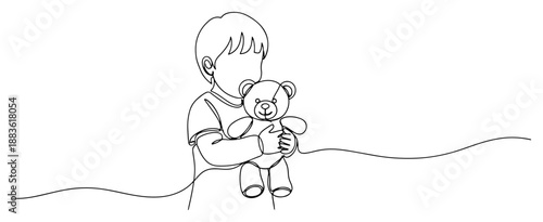 Little boy with teddy bear. Continuous one line drawing of child holding plush toy. Vector cute character illustration.