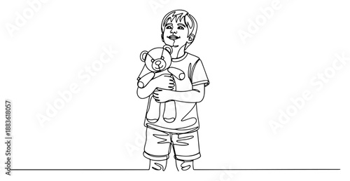 Little boy hugging teddy bear. Continuous one line drawing of child holding plush toy. Vector cute character illustration.