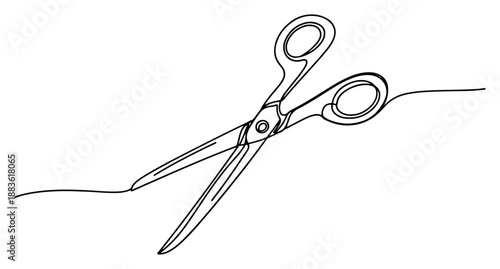 Open scissors tool. Continuous one line drawing of cutting equipment for office or school. Vector minimalist stationery illustration.