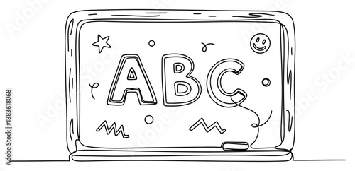 School chalkboard with ABC letters. Continuous one line drawing of blackboard with alphabet and eraser. Education vector illustration.