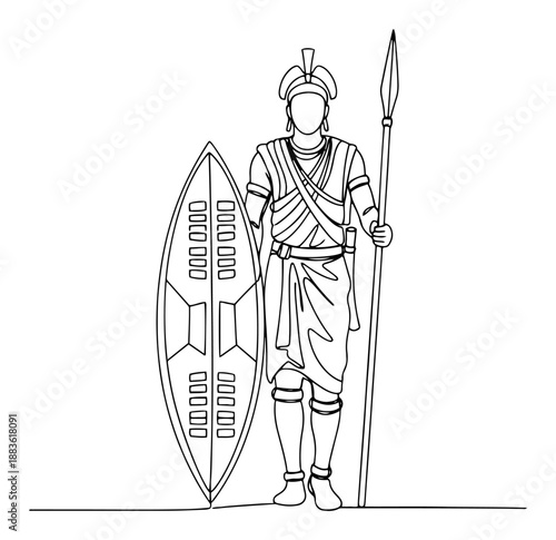 African tribal warrior with shield and spear. Continuous one line drawing of Maasai or Zulu fighter in traditional clothes. Vector ethnic illustration.