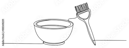 Hair dye mixing bowl and brush. Continuous one line drawing of professional hairdresser tools. Beauty salon equipment vector illustration.
