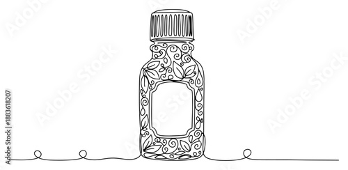 Essential oil bottle with floral pattern. Continuous one line drawing of herbal medicine or perfume container. Vector aromatherapy illustration.