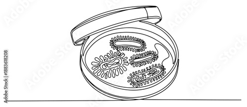 Petri dish with bacteria culture. Continuous one line drawing of laboratory glassware with microbes. Science vector illustration.