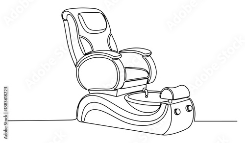 Pedicure spa chair. Continuous one line drawing of beauty salon furniture with foot bath. Vector relaxation equipment.