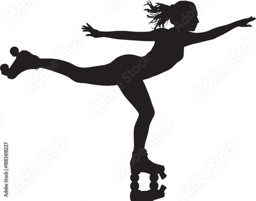 Silhouette of roller skater in dynamic pose with flowing hair in dramatic black and white illustration for fitness